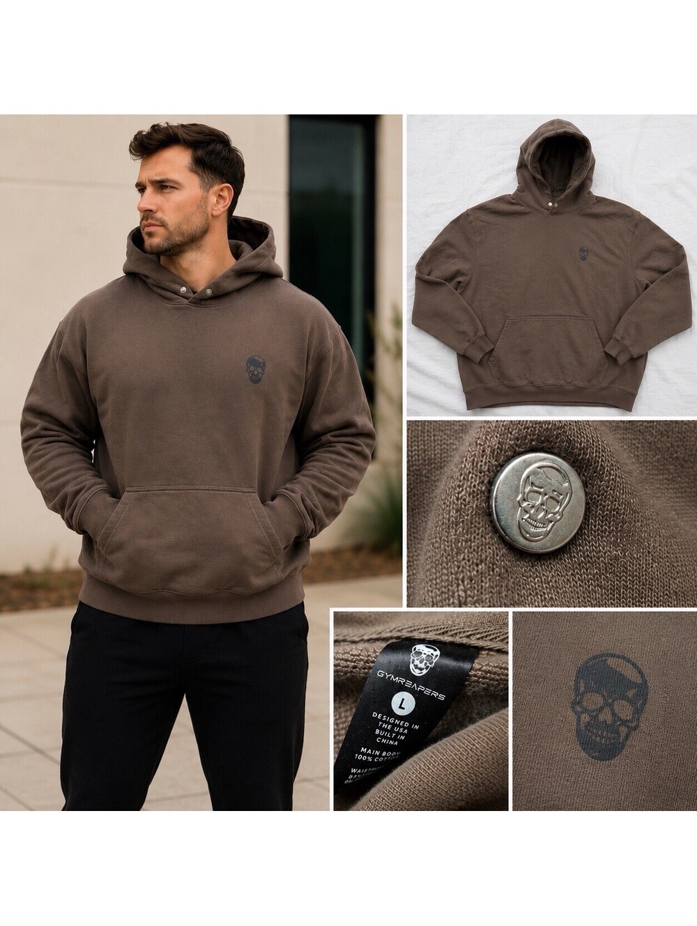 Gymreapers Men’s Large Brown Skull Logo Pullover Hoodie 100% Cotton Gym CrossFit